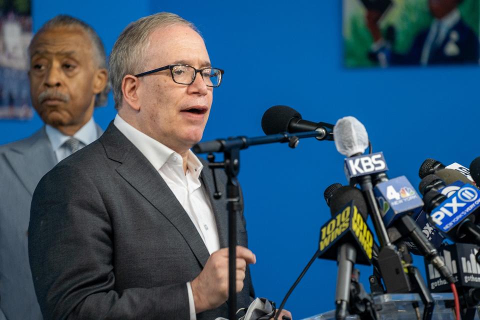 New York City Comptroller Scott Stringer denounces violence against Asian Americans at a news conference March 18 at the National Action Network's House of Justice.