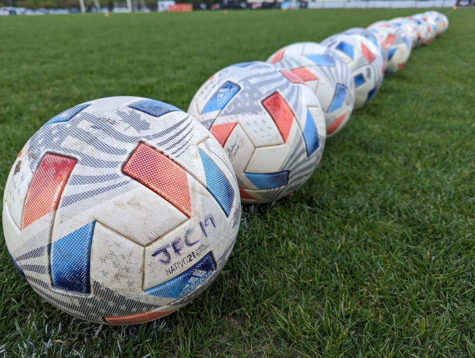 Soccer balls line up at Jacksonville Armada practice on March 21, 2023. [Clayton Freeman/Florida Times-Union]