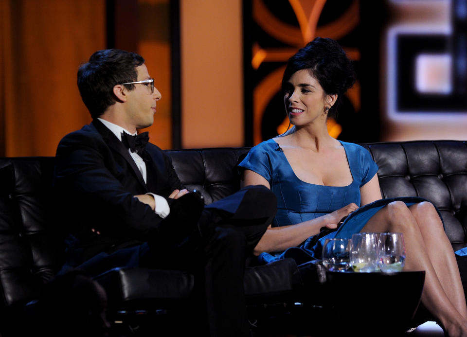 CULVER CITY, CA - AUGUST 25: Actor Andy Samberg and comedienne Sarah Silverman onstage during The Comedy Central Roast of James Franco at Culver Studios on August 25, 2013 in Culver City, California. The Comedy Central Roast Of James Franco will air on September 2 at 10:00 p.m. ET/PT.  (Photo by Kevin Winter/Getty Images for Comedy Central)
