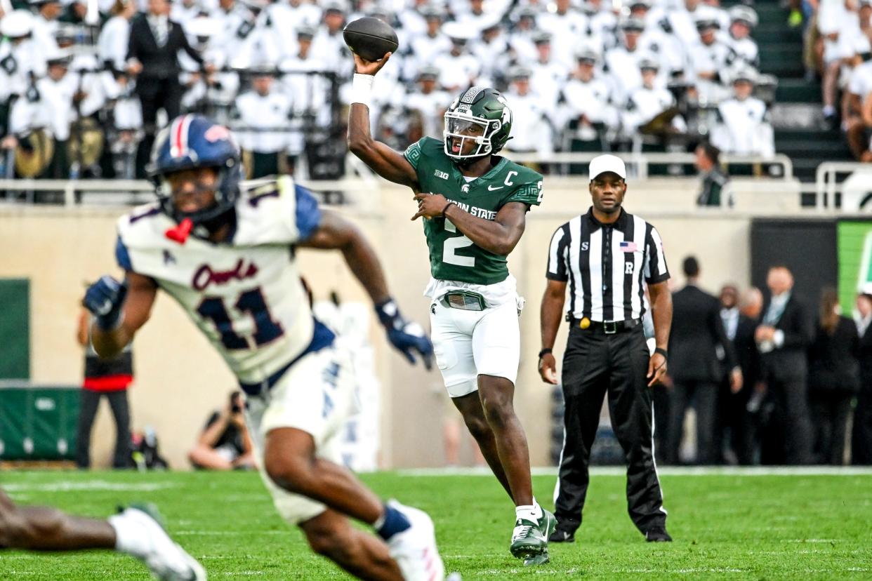 Michigan State's Aidan Chiles throws a pass against Florida Atlantic during the first quarter on Friday, Aug. 30, 2024, at Spartan Stadium in East Lansing.