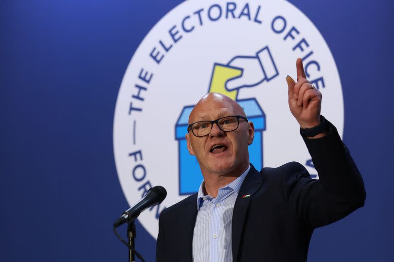 Sinn Fein's Paul Maskey, gives a speech after he retains his seat in the Belfast West constituency