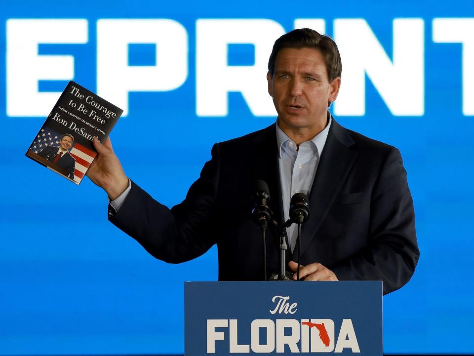 Florida Gov. Ron DeSantis speaks during an event spotlighting his newly released book, “The Courage To Be Free: Florida’s Blueprint For America’s Revival” at the Orange County Choppers Road House & Museum on March 08, 2023 in Pinellas Park, Florida.