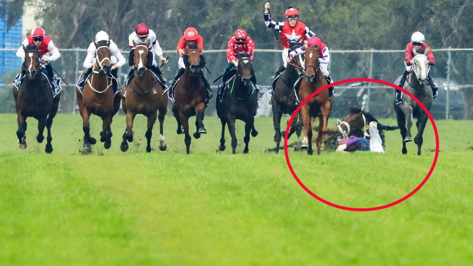 Seen here, Hugh Bowman (all red) on Smart Image was banned after a horror incident at Rosehill.