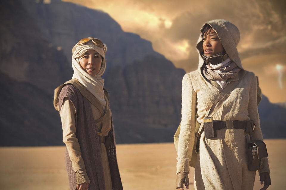 <p>Michelle Yeoh as Captain Philippa Georgiou and Sonequa Martin-Green as First Officer Michael Burnham in CBS’s <i>Star Trek: Discovery</i>.<br><br>(Photo: Dalia Naber/CBS) </p>