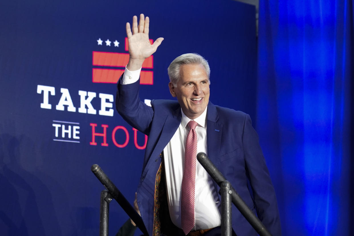 House Minority Leader Kevin McCarthy of Calif., speaks at an election event, early Wednesday, Nov. 9, 2022, in Washington. (AP Photo/Alex Brandon)