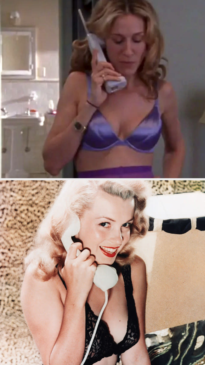 Carrie Bradshaw talking on the phone while wearing a colorful bra; a portrait of Marilyn Monroe from the '50s talking on the phone while wearing a dark-laced bra