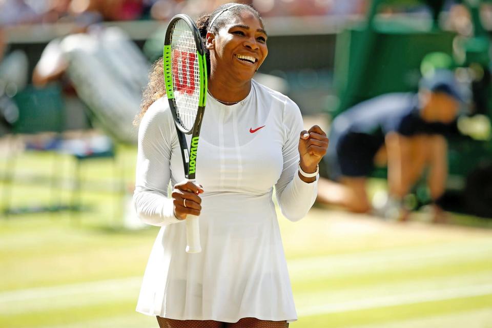 LONDON, ENGLAND - JULY 10: Serena Williams of the United States celebrates winning her Ladies' Singles Quarter-Finals match against Camila Giorgi of Italy on day eight of the Wimbledon Lawn Tennis Championships at All England Lawn Tennis and Croquet Club on July 10, 2018 in London, England. (Photo by Julian Finney/Getty Images)