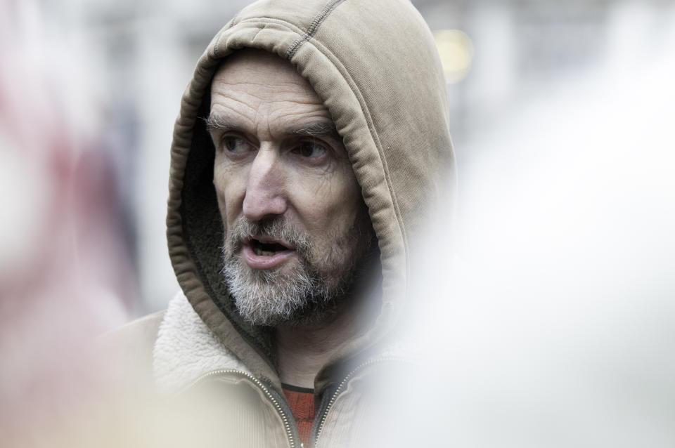 PARLIAMENT SQUARE, LONDON, GREATER LONDON, UNITED KINGDOM - 2018/11/24: Extinction Rebellion co-founder Roger Hallam seen at the demonstration.

Thousands of demonstrators from the new Extinction Rebellion climate change movement gathered at Parliament Square for a memorial and funeral march through London. Demonstrators paid homage to the lives lost due to climate change, and marched carrying a coffin from Parliament Square to Buckingham Palace. (Photo by Andres Pantoja/SOPA Images/LightRocket via Getty Images)