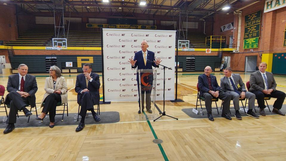 WT Vice President for Philanthropy and External Relations, Todd Rasberry addresses students at Pampa High School Wednesday during WT endowments announcement .