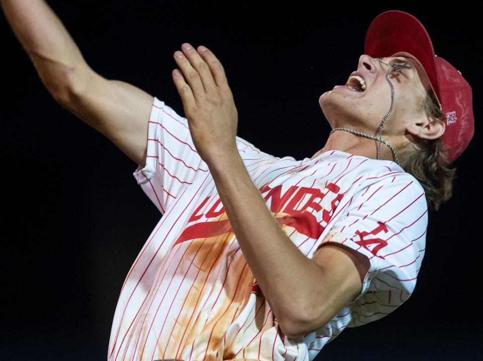 Lowndes' Clayton Hussey (8) celebrates after winning the AISA Class A baseball state championship at Paterson Field in Montgomery, Ala., on Tuesday, May 7, 2024. Lowndes defeated Wilcox 11-7 in the first game and 2-0 in the second to win the championship.