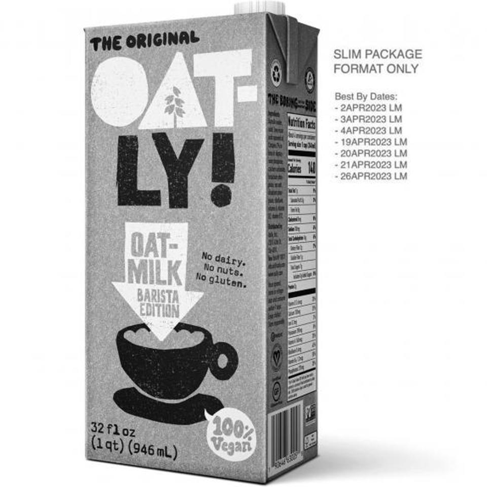 Oatly's Barista Edition Oatmilk in the slim package format with these best-by dates has been recalled. (Courtesy of the FDA)