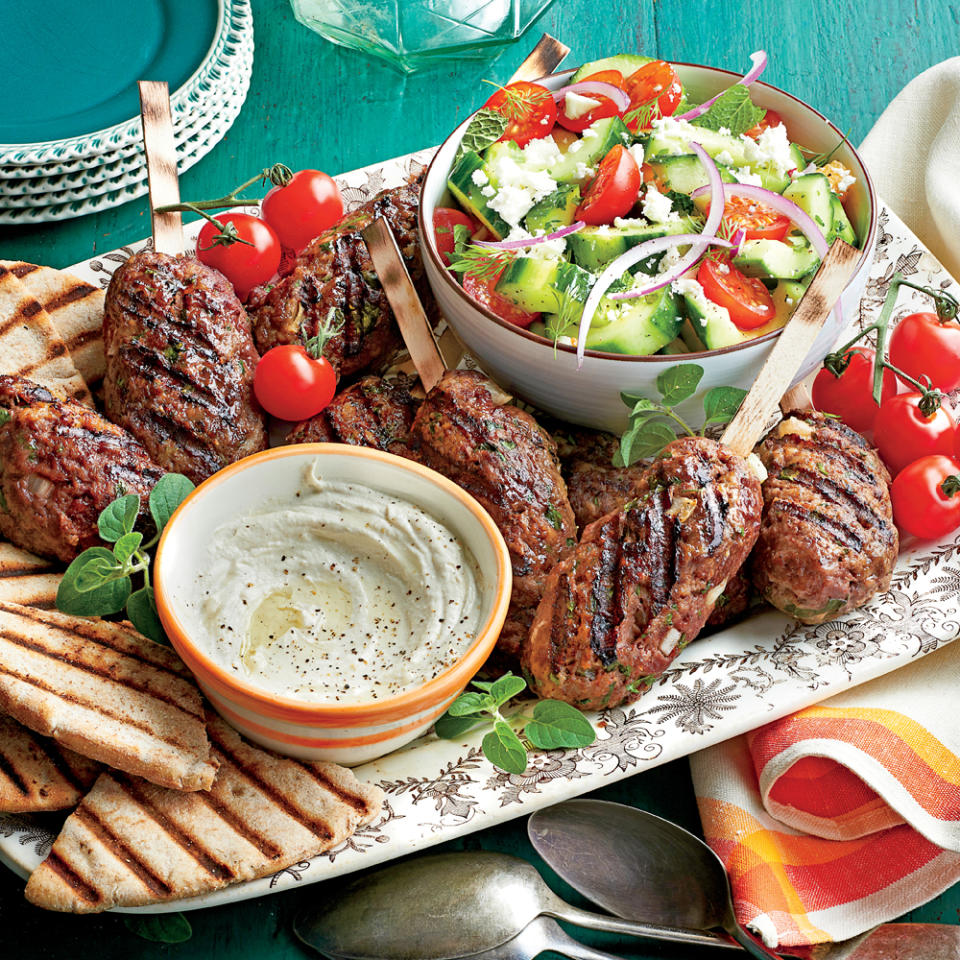 Spiced Beef Kabobs with Herbed Cucumber and Tomato Salad