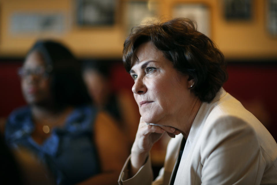 In this Sept. 29, 2018, photo, Rep. Jacky Rosen, D-Nev. listens during a breakfast event at TC's Rib Crib as she campaigns in Las Vegas. In the high-stakes race for Senate in Nevada, Rosen is taking on one of the biggest names in GOP politics by painting Sen. Dean Heller as someone without firm principles. (AP Photo/John Locher)