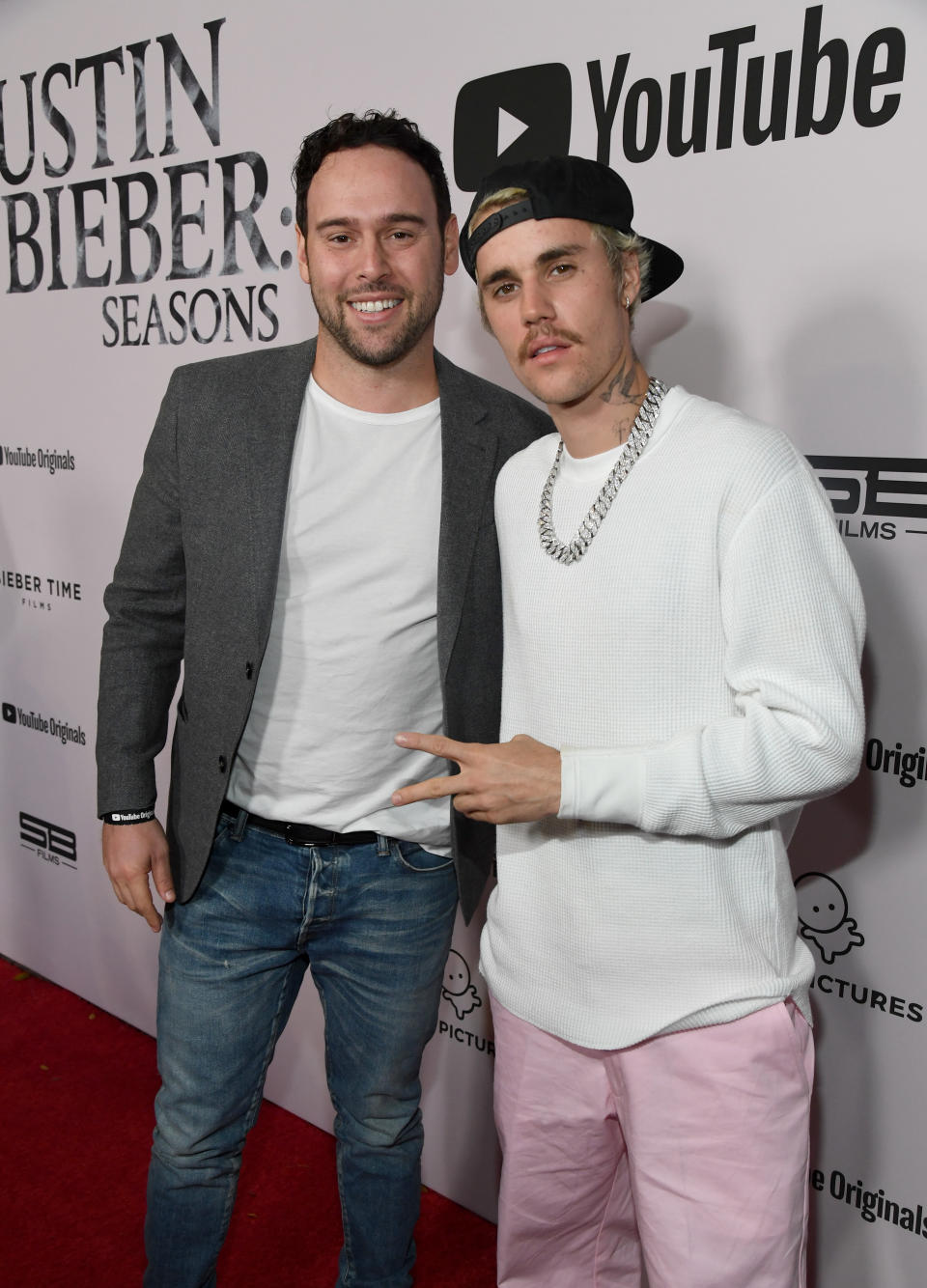 Scooter Braun and Justin Bieber attend YouTube Originals' premiere of 'Justin Bieber: Seasons' in January 2020. (Kevin Mazur/Getty Images for YouTube Originals)