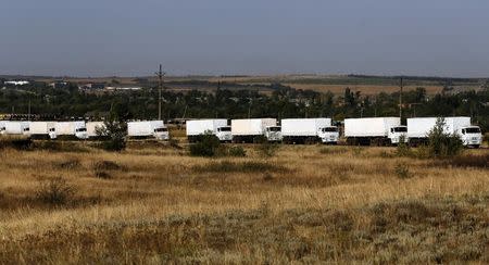 A Russian convoy of trucks carrying humanitarian aid for Ukraine drives in the direction of the Ukrainian border near Donetsk, Rostov Region, August 22, 2014. REUTERS/Alexander Demianchuk
