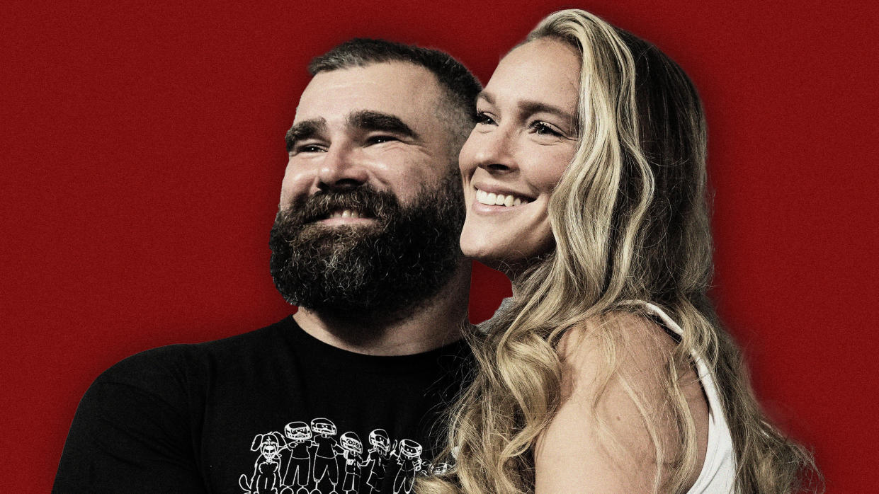 Kylie Kelce and her husband, NFL star Jason Kelce, smile for a photo.