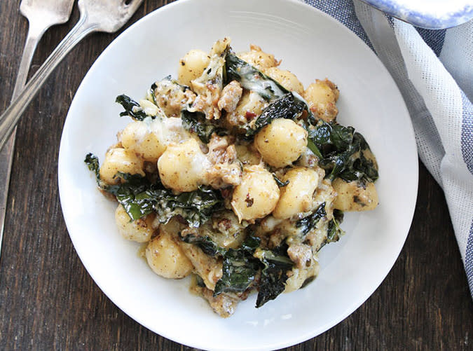 Baked Gnocchi with Sausage, Kale and Pesto