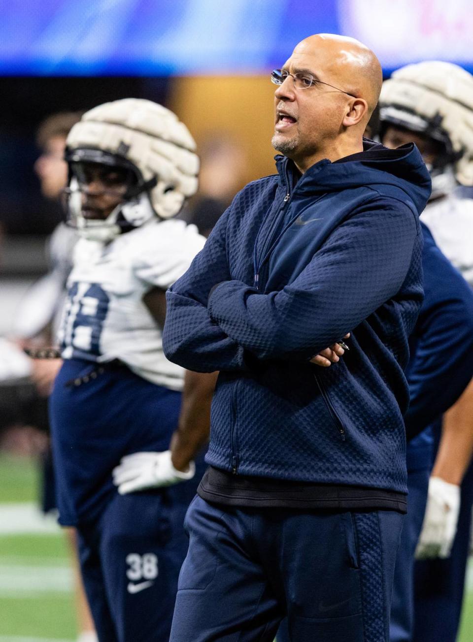 Penn State coach James Franklin directs Wednesday practice for the 2023 Chick-fil-A Peach Bowl at Mercedes-Benz Stadium in Atlanta. Penn State will face Ole Miss in the Saturday bowl game.