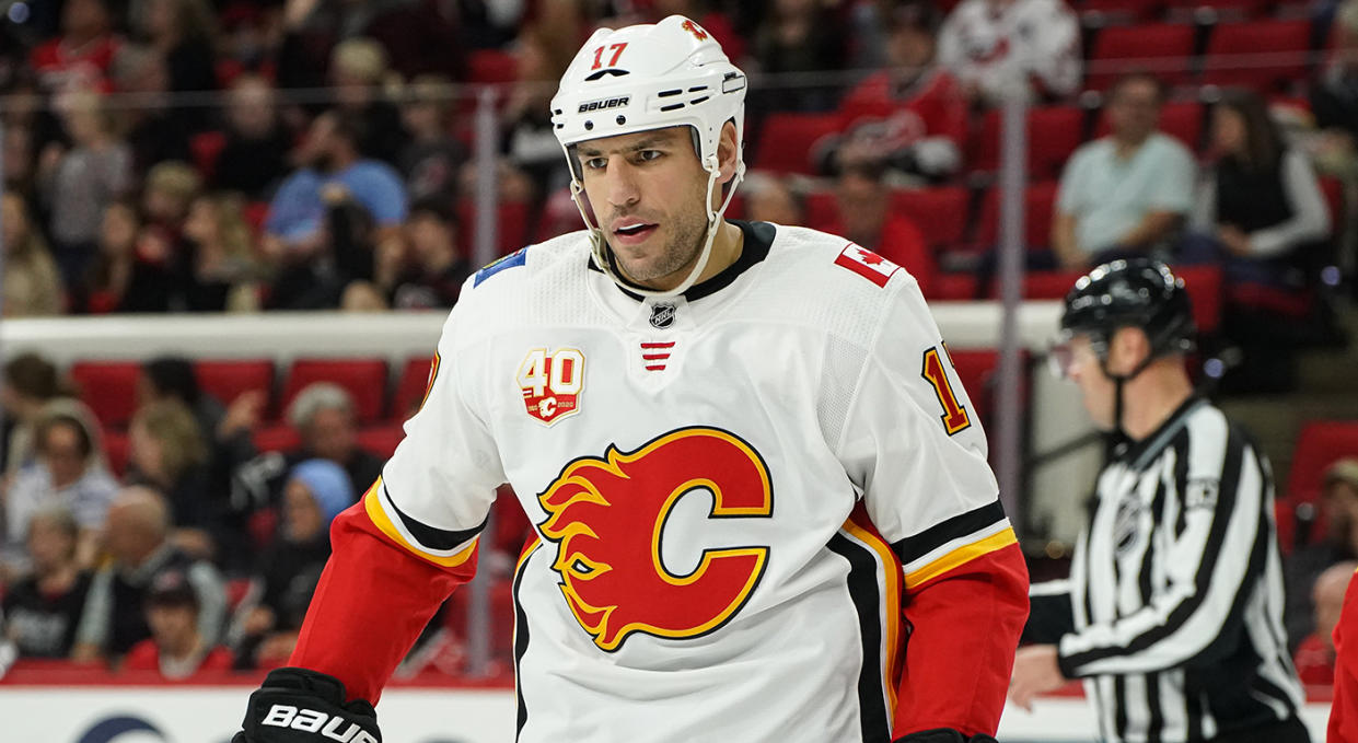 RALEIGH, NC - OCTOBER 29: Calgary Flames Left Wing Milan Lucic (17) skates during a timeout during a game between the Calgary Flames and the Carolina Hurricanes at the PNC Arena in Raleigh, NC on October 29, 2019. (Photo by Greg Thompson/Icon Sportswire via Getty Images)