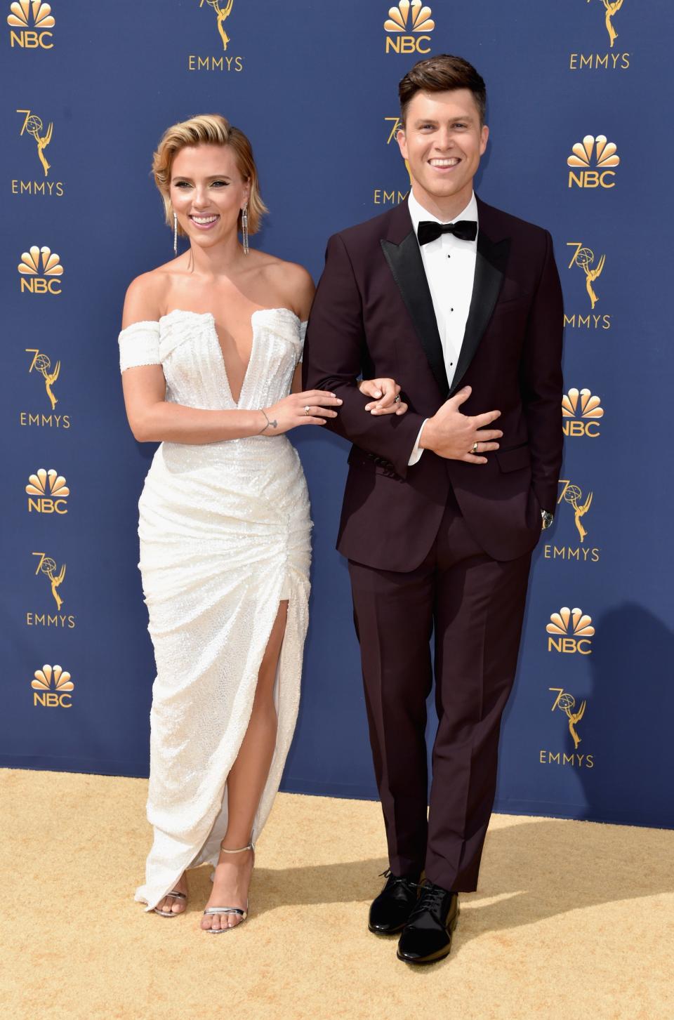 Scarlett Johansson in Balmain and Nikos Koulis jewelry and Colin Jost in Dolce & Gabbana