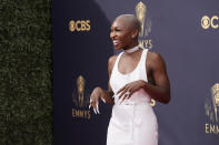 Cynthia Erivo arrives at the 73rd Primetime Emmy Awards on Sunday, Sept. 19, 2021, at L.A. Live in Los Angeles. (AP Photo/Chris Pizzello)