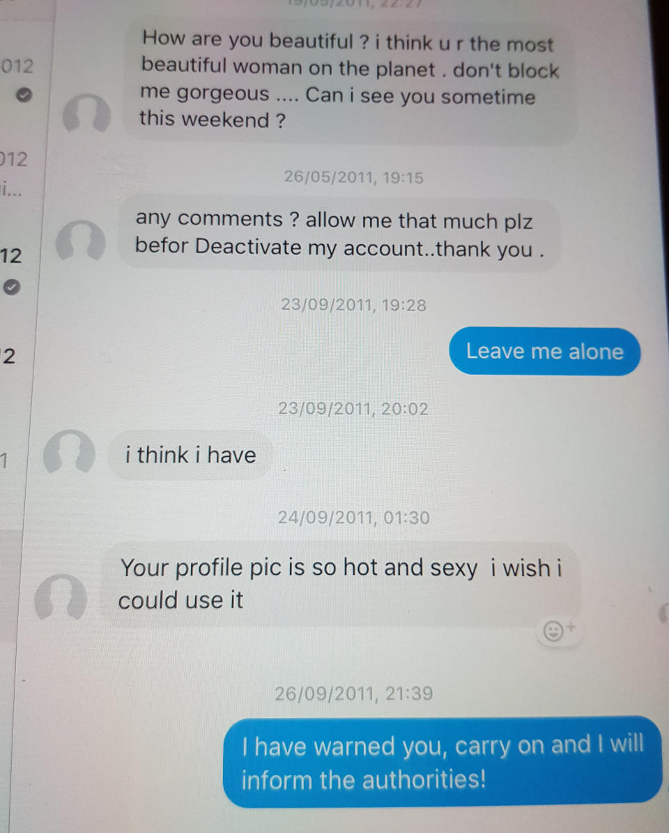 Screenshot of messages sent by stalker Sherzad Salih to Lorraine Mitchell (SWNS)