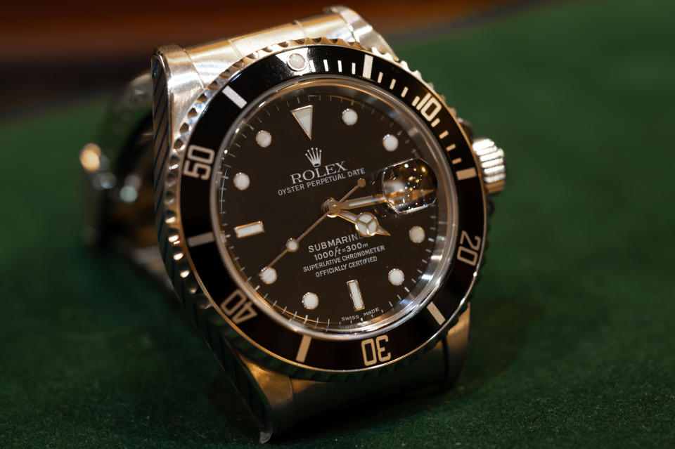LEIGH ON SEA, ENGLAND - JANUARY 08: A second hand Rolex Oyster Perpetual Submariner Date watch is displayed for sale on January 08, 2024 in Leigh-on-Sea, United Kingdom. (Photo by John Keeble/Getty Images)
