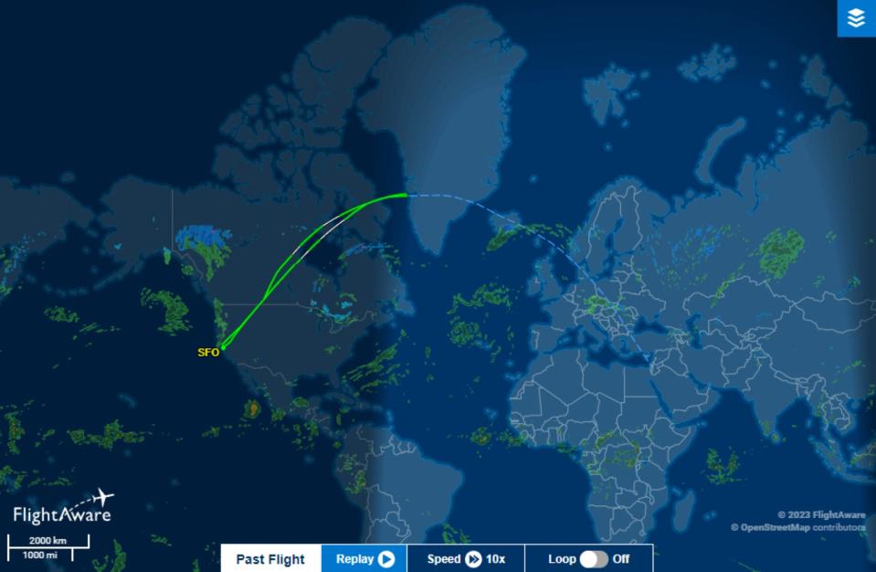 Screenshot of United's October 6 flight to Tel Aviv that had to U-turn over Greenland.