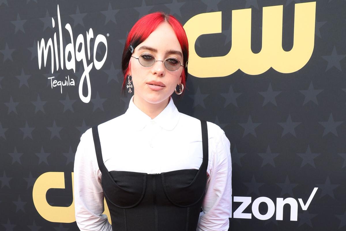 Billie Eilish Wears a Black Corset Dress Over a FloorLength White