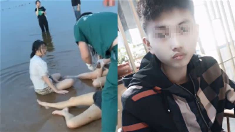 韓性少年發現3女子喊救命後，立刻跳下水解救，而同伴則在岸邊協助拉上岸。（圖／翻攝自微博）