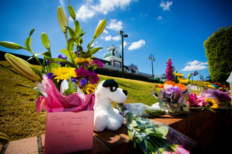 A floral tribute is seen at the Dreamworld theme park on the Gold Coast on October 26, 2016, after four people were killed