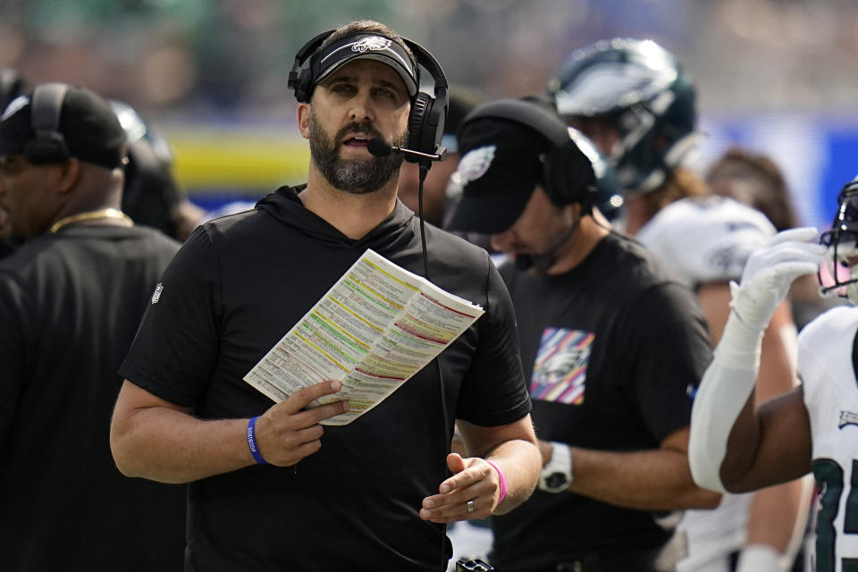 Philadelphia Eagles head coach Nick Sirianni stands on the sideline during the first half of an NFL football game against the Los Angeles Rams Sunday, Oct. 8, 2023, in Inglewood, Calif. (AP Photo/Gregory Bull)