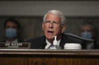 Senate Commerce, Science and Transportation Committee Chairman Roger Wicker, R-Miss., speaks as Federal Aviation Administration administrator Stephen Dickson testifies during a hearing of the Senate Commerce, Science, and Transportation Committee on Capitol Hill on Wednesday, June 17, 2020, in Washington. (Graeme Jennings/Pool via AP)