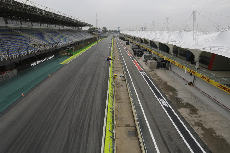 This Nov. 7, 2019 photo shows the Interlagos racetrack in Sao Paulo, Brazil. On Sunday, Nov. 17, the Brazilian GP at Interlagos will be the last before F1 owner Liberty Media decides whether the race stays at the traditional track beyond 2020 or moves to a yet-to-be-built venue in sunny rival Rio de Janeiro. (AP Photo/Nelson Antoine)