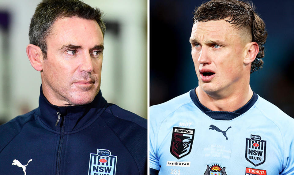 Brad Fittler during a press conference and Jack Wighton during State of Origin.