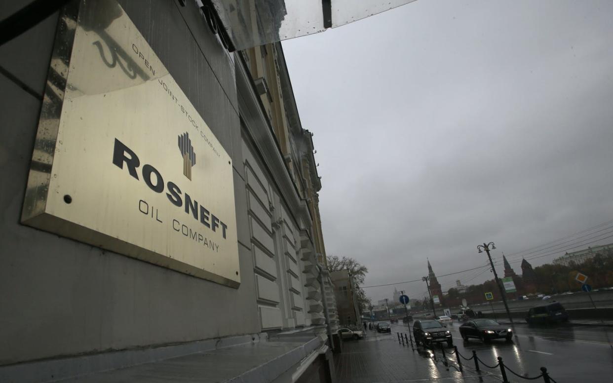 <span class="caption">Moscow headquarters of Rosneft, Russia's state-owned oil company.</span> <span class="attribution"><a class="link " href="https://newsroom.ap.org/detail/UkraineInvasion-BP/738e04f6cd0a416ea069e67229a8bd40/photo" rel="nofollow noopener" target="_blank" data-ylk="slk:AP Photo/Mikhail Metzel;elm:context_link;itc:0;sec:content-canvas">AP Photo/Mikhail Metzel</a></span>