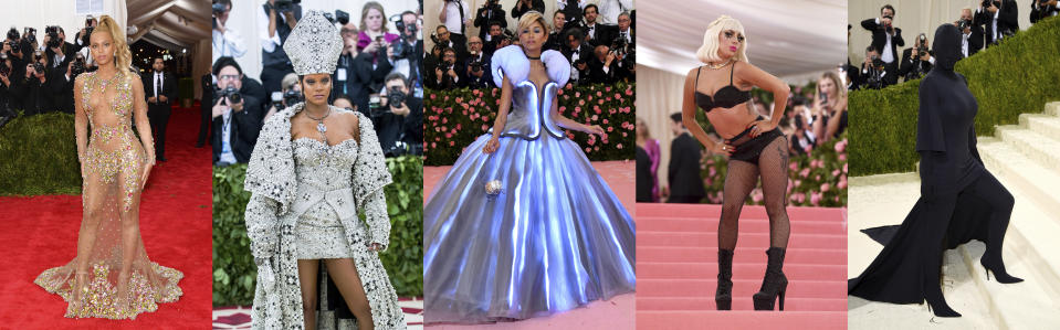 En esta combinación de fotografías, de izquierda a derecha, Beyonce en la Gala del Met el 4 de mayo de 2015, Rihanna en la gala el 7 de mayo de 2018, Zendaya y Lady Gaga en la gala el 6 de mayo de 2019 y Kim Kardashian en la gala el 13 de septiembre de 2021, en Nueva York. (Foto AP)