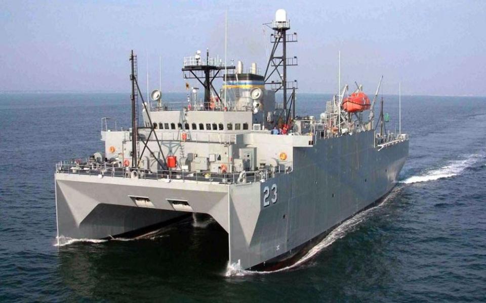 Military Sealift Command ocean surveillance ship USNS Impeccable is seen underway in this photo, date unknown. Impeccable directly supports the Navy by using both passive and active low frequency sonar arrays to detect and track undersea threats. Both the US and Royal Navies occasionally use support fleet ships for military tasks