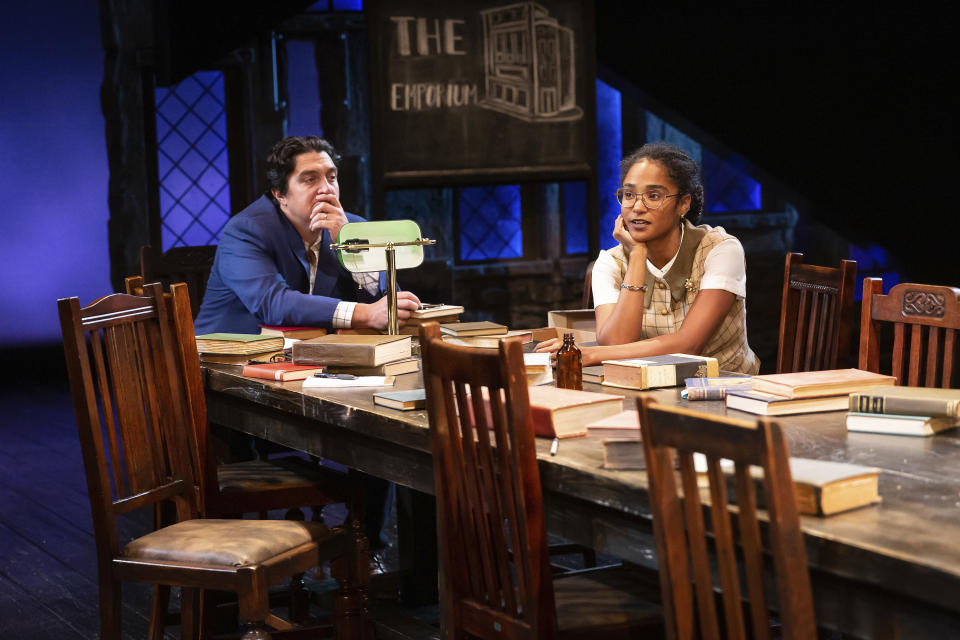 This image released by the Alley Theatre shows Christopher Salazar, left, and Raven Justine Troup in Alley Theatre’s Alley All New Festival workshop of "Thornton Wilder’s The Emporium" in Houston. (Lynn Lane/Alley Theatre via AP)