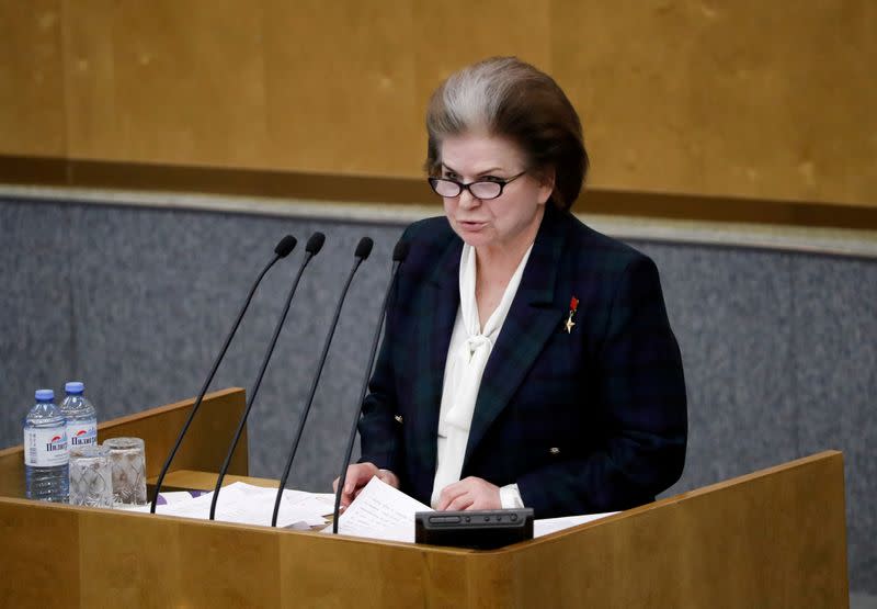 FILE PHOTO: Member of Russia's lower house of parliament Valentina Tereshkova attends a session to consider constitutional changes in Moscow