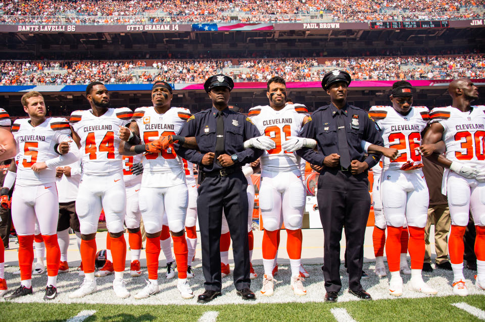 <p>Members of the Cleveland Police join the Cleveland Browns on the sidelines during the National Anthem prior to the game against the Pittsburgh Steelers at FirstEnergy Stadium on September 10, 2017 in Cleveland, Ohio. (Photo by Jason Miller/Getty Images) </p>