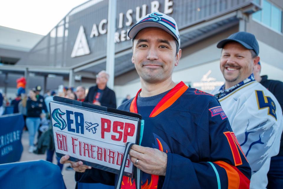 Firebirds fan Paul Buxton flew in from Seattle to catch the Firebirds home opener on Sunday, Dec. 18, 2022 in in Palm Desert, Calif.