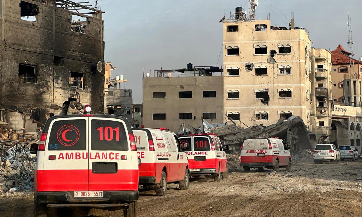 <span>A convoy of ambulances in the Gaza Strip. The UK decided to continue arms sales licences in December despite the concerns of Foreign Office officials.</span><span>Photograph: Christopher Black/World Health Organization (WHO)/AFP/Getty Images</span>