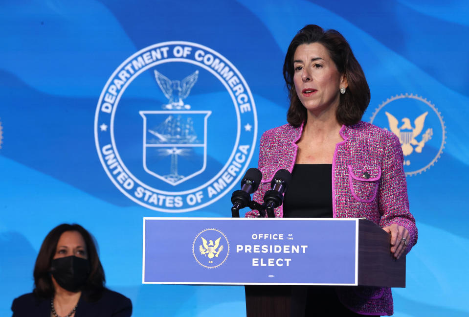 Rhode Island Gov. Gina Raimondo delivers remarks after being announced as Joe Biden's Commerce secretary nominee. (Chip Somodevilla/Getty Images)