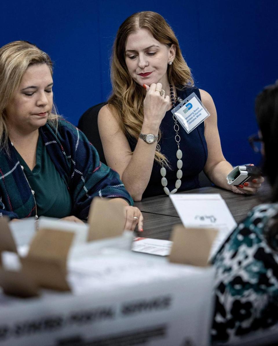 Doral, 20 de octubre de 2022. La Supervisora de Elecciones del Condado Miami-Dade, Christina White, a la derecha, y la jueza Victoria Ferrer inspeccionan cuidadosamente la firma de una boleta de voto por correo en el Departamento de Elecciones del Condado Miami-Dade, en donde se reunió el Comité de Escrutinio.