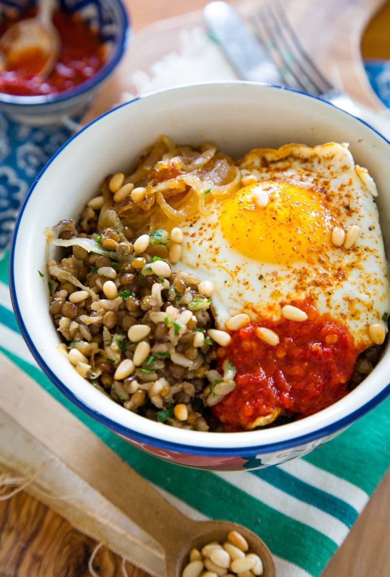 Brown Rice Bowl with Lentils, Caramelized Onions & Fried Egg