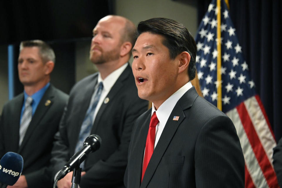 U.S. Attorney Robert K. Hur speaks at a press conference announcing the indictment of former Baltimore Mayor Catherine Pugh, Wednesday, Nov. 20, 2019, in Baltimore. Pugh was charged Wednesday with fraud and tax evasion involving sales of her self-published children's books. (Lloyd Fox/The Baltimore Sun via AP)