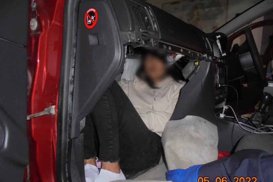 Border Force officers found the car had a tiny hideaway where the woman was stowed inside (Home Office/PA)