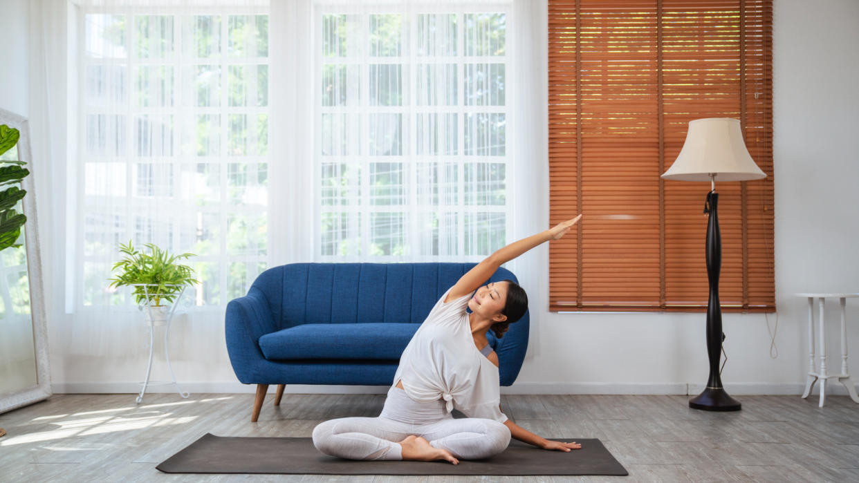  A woman doing yoga. 