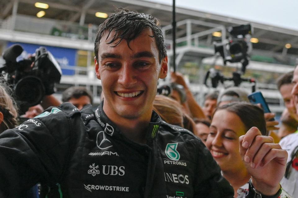 Mercedes' British driver George Russell (pictured) celebrates a win.